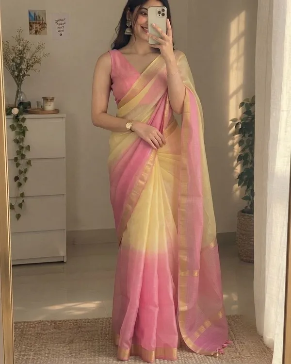 Pink_&_Pastel_Yellow_Kota_Silk_Saree_with_Golden_Zari_Border