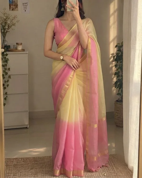 Pink_&_Pastel_Yellow_Kota_Silk_Saree_with_Golden_Zari_Border