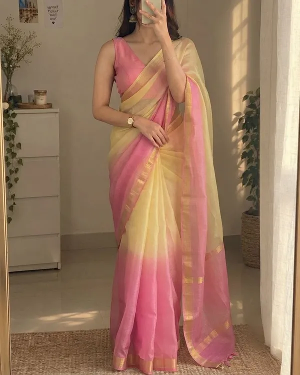 Pink_&_Pastel_Yellow_Kota_Silk_Saree_with_Golden_Zari_Border