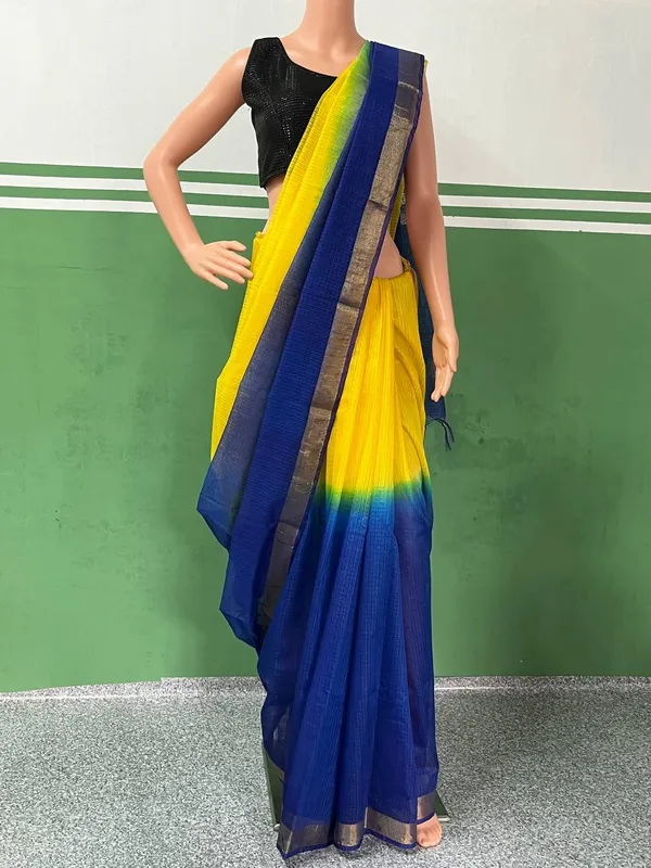 Blue/_Yellow_Art_silk_Cotton_Saree_with_Blouse_Piece_For__Women