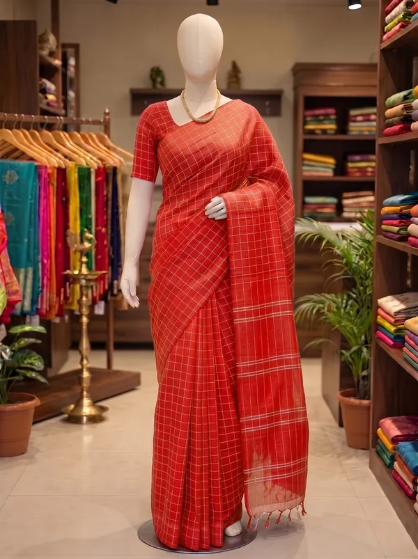 Red_Handloom_Khadi_Cotton_Silk_Checked_Saree_