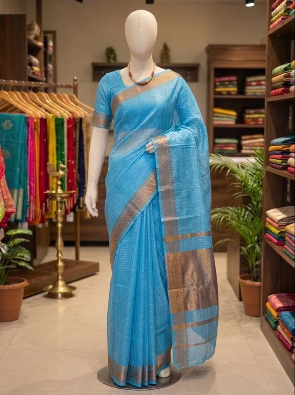 Refreshing_Sky_Blue_Soft_Raw_Silk_Saree_with_Classic_Checks_and_Golden_Zari_Border