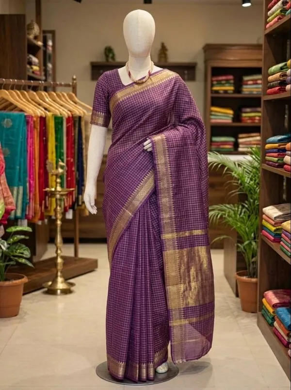 Rich_Purple_Soft_Raw_Silk_Saree_with_Traditional_Check_Weave_and_Golden_Zari_Border
