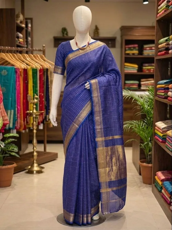 Royal_Blue_Soft_Raw_Silk_Saree_with_Classic_Checks_and_Traditional_Golden_Zari_Border