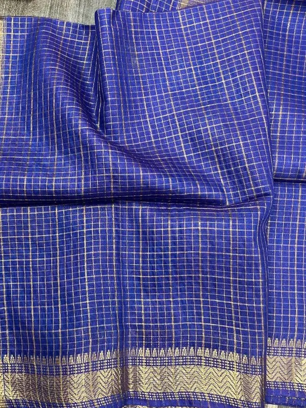 Royal_Blue_Soft_Raw_Silk_Saree_with_Classic_Checks_and_Traditional_Golden_Zari_Border