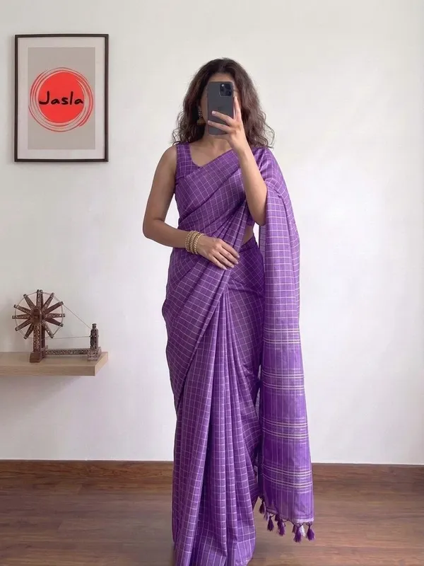 Royal_Purple_Soft_Khadi_Cotton_Silk_Saree_with_Woven_Checks_&_Blouse_Piece