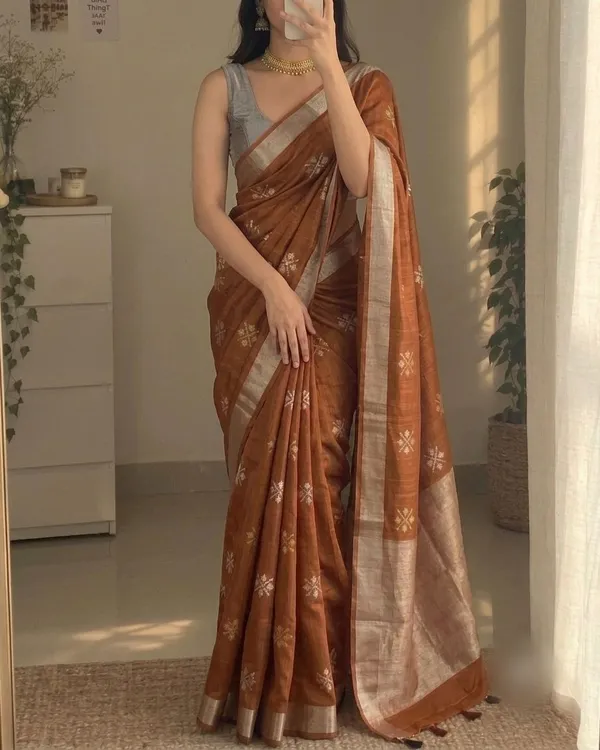 Rust_Brown_Art_Silk_Cotton_Saree_with_Elegant_Border