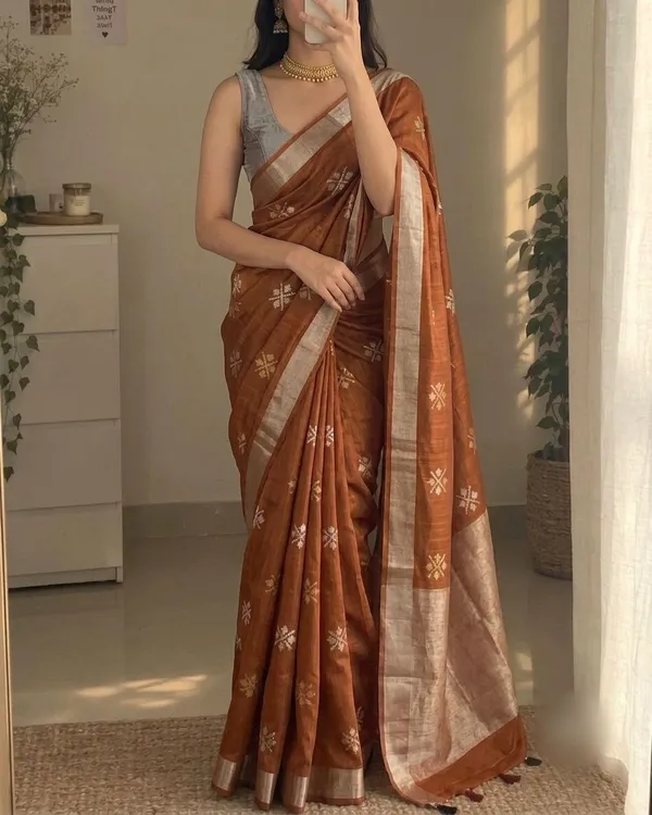 Rust_Brown_Art_Silk_Cotton_Saree_with_Elegant_Border