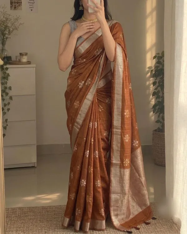 Rust_Brown_Art_Silk_Cotton_Saree_with_Elegant_Border