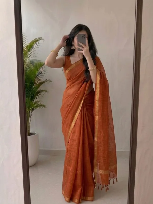 Rust_Orange_Kota_Silk_Saree_with_Golden_Zari_Border_&_Matching_Blouse_Piece_|_Lightweight_Traditional_Saree