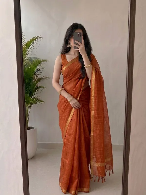 Rust_Orange_Kota_Silk_Saree_with_Golden_Zari_Border_&_Matching_Blouse_Piece_|_Lightweight_Traditional_Saree