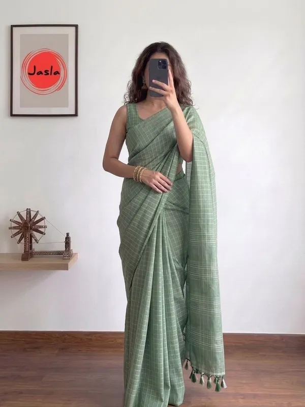 Sage_Green_Soft_Khadi_Cotton_Silk_Saree_with_White_Woven_Checks_&_Blouse_Piece_|_Lightweight_All-Season_Saree
