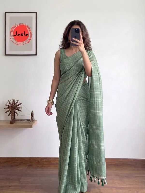 Sage_Green_Soft_Khadi_Cotton_Silk_Saree_with_White_Woven_Checks_&_Blouse_Piece_|_Lightweight_All-Season_Saree