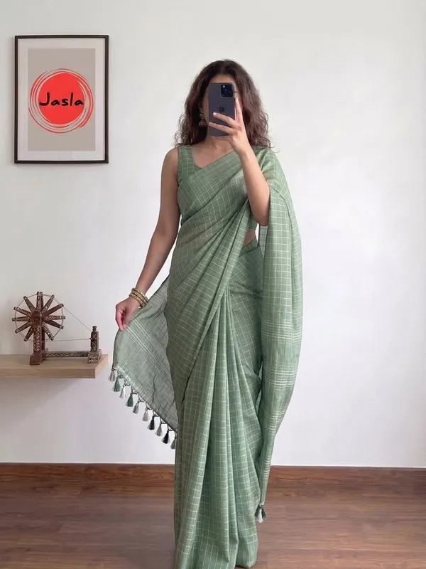 Sage_Green_Soft_Khadi_Cotton_Silk_Saree_with_White_Woven_Checks_&_Blouse_Piece_|_Lightweight_All-Season_Saree