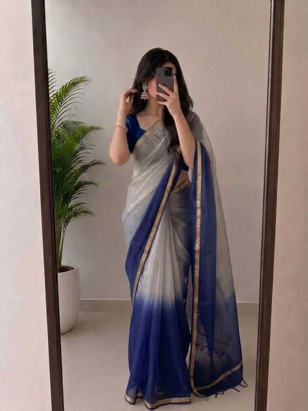 Silver_Grey_&_Royal_Blue_Kota_Silk_Saree_with_Golden_Zari_Border_&_Blouse_Piece_|_Lightweight_Traditional_Saree