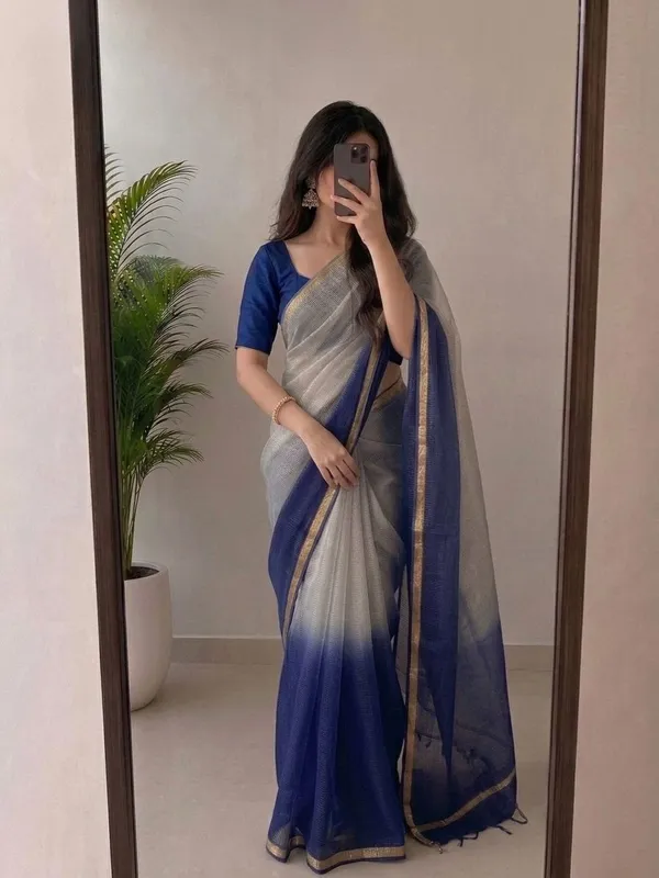 Silver_Grey_&_Royal_Blue_Kota_Silk_Saree_with_Golden_Zari_Border_&_Blouse_Piece_|_Lightweight_Traditional_Saree
