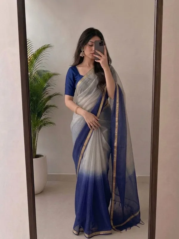 Silver_Grey_&_Royal_Blue_Kota_Silk_Saree_with_Golden_Zari_Border_&_Blouse_Piece_|_Lightweight_Traditional_Saree