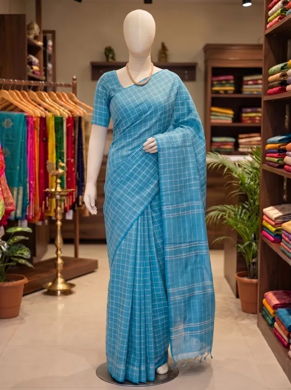 Sky_Blue_Handloom_Khadi_Cotton_Silk_Checked_Saree