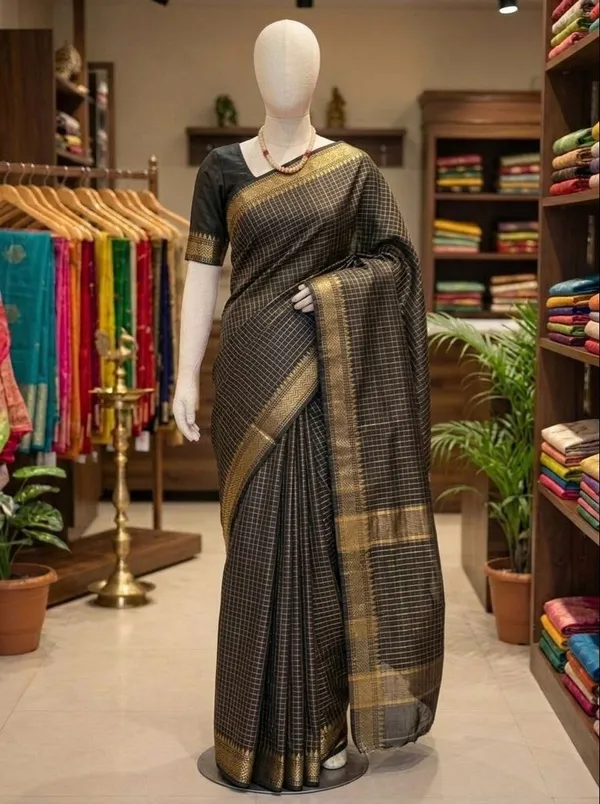 Sophisticated_Black_Soft_Raw_Silk_Saree_with_Classic_Checks_and_Golden_Zari_Border