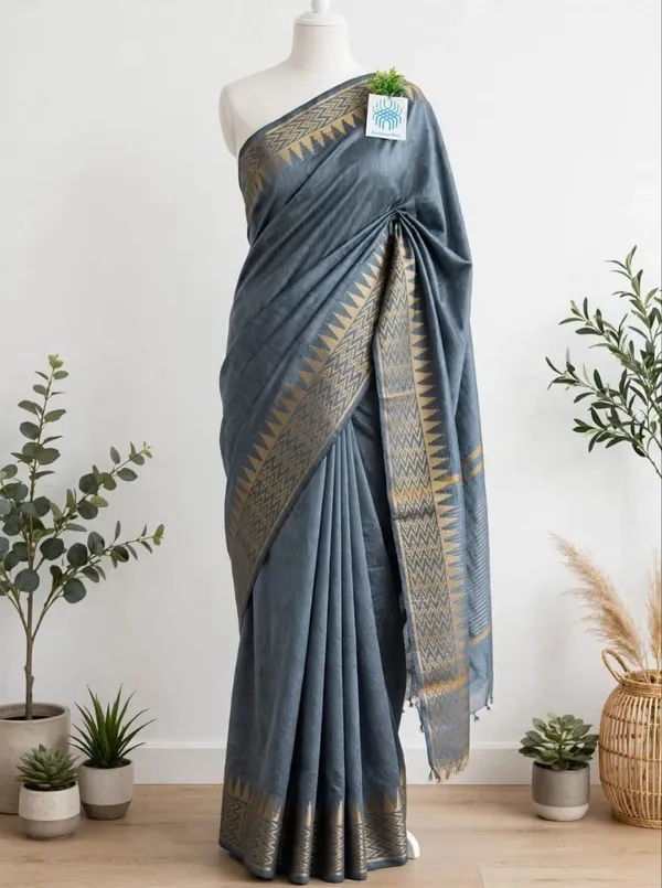 Sophisticated_Slate_Grey_Soft_Raw_Silk_Saree_with_Geometric_Golden_Zari_Border