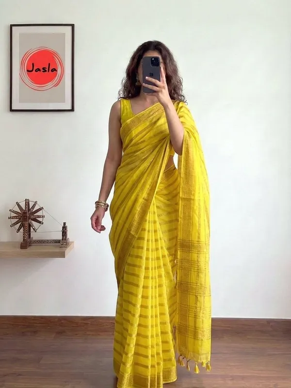 Sunshine_Yellow_Elegant_Organza_Saree_with_Designer_Golden_Stripe_Border_&_Blouse_Piece