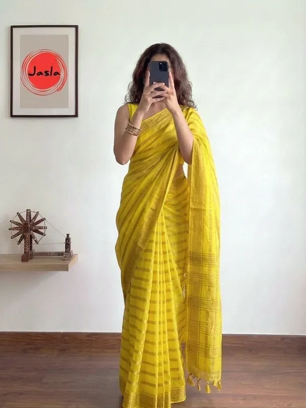 Sunshine_Yellow_Elegant_Organza_Saree_with_Designer_Golden_Stripe_Border_&_Blouse_Piece