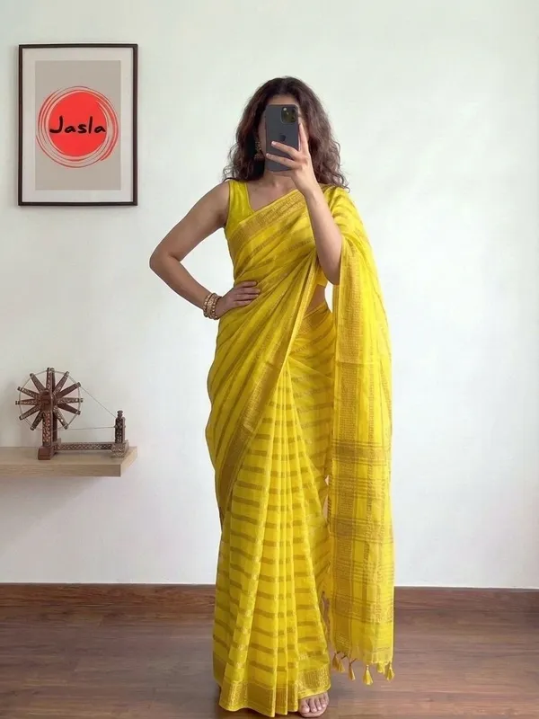 Sunshine_Yellow_Elegant_Organza_Saree_with_Designer_Golden_Stripe_Border_&_Blouse_Piece