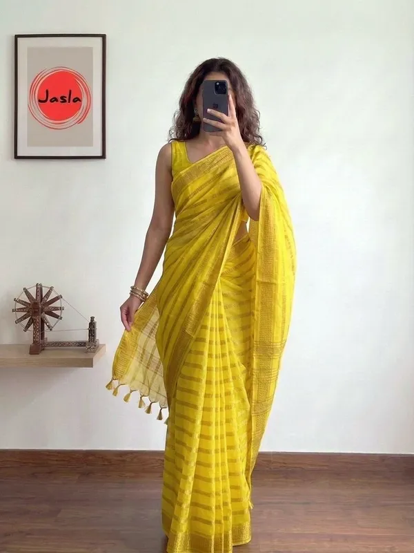 Sunshine_Yellow_Elegant_Organza_Saree_with_Designer_Golden_Stripe_Border_&_Blouse_Piece