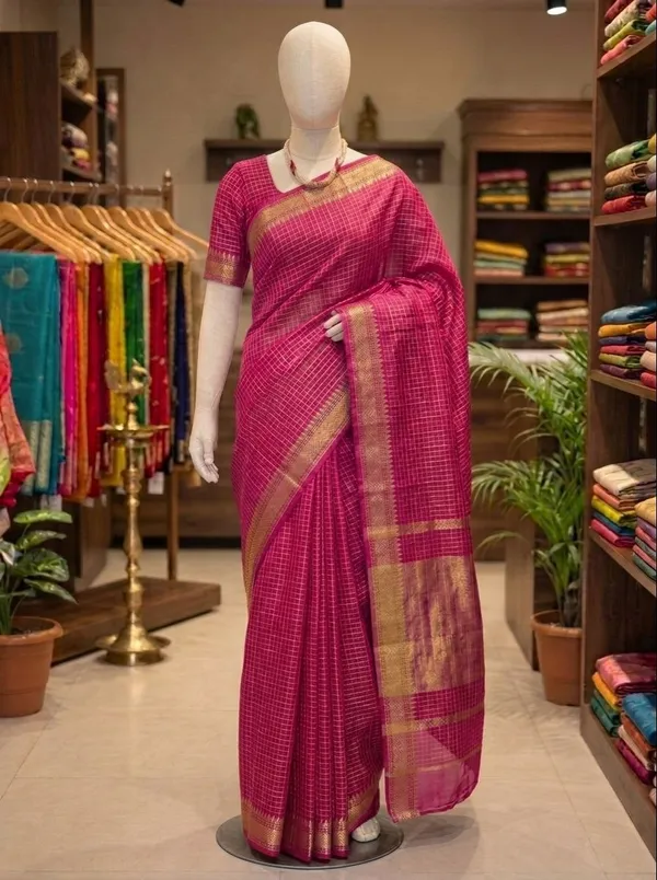 Vibrant_Magenta_Pink_Soft_Raw_Silk_Saree_with_Classic_Checks_and_Traditional_Golden_Zari_Border