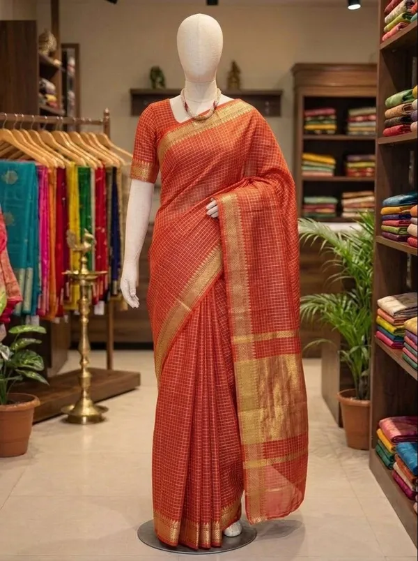 Vibrant_Rust_Orange_Soft_Raw_Silk_Saree_with_Classic_Checks_and_Golden_Zari_Border