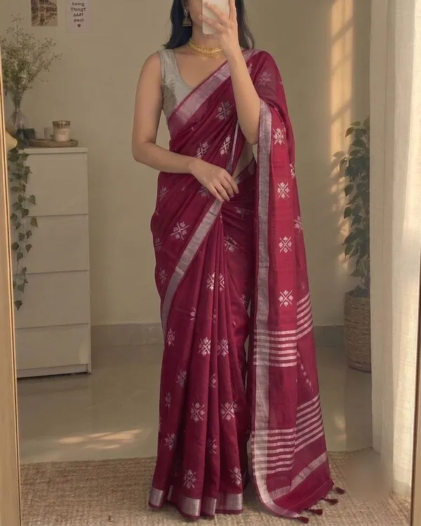 Wine_Magenta_Slub_Silk_Cotton_Saree_with_Silver_Border