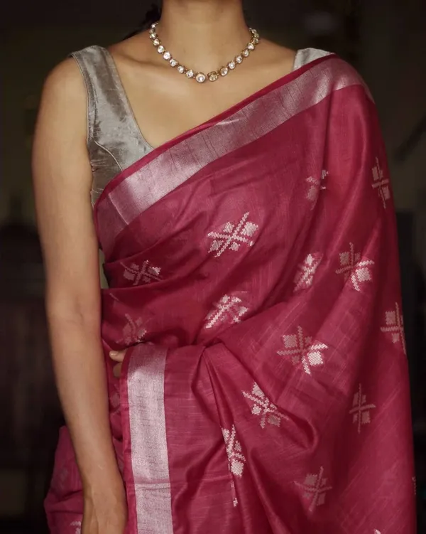 Wine_Magenta_Slub_Silk_Cotton_Saree_with_Silver_Border