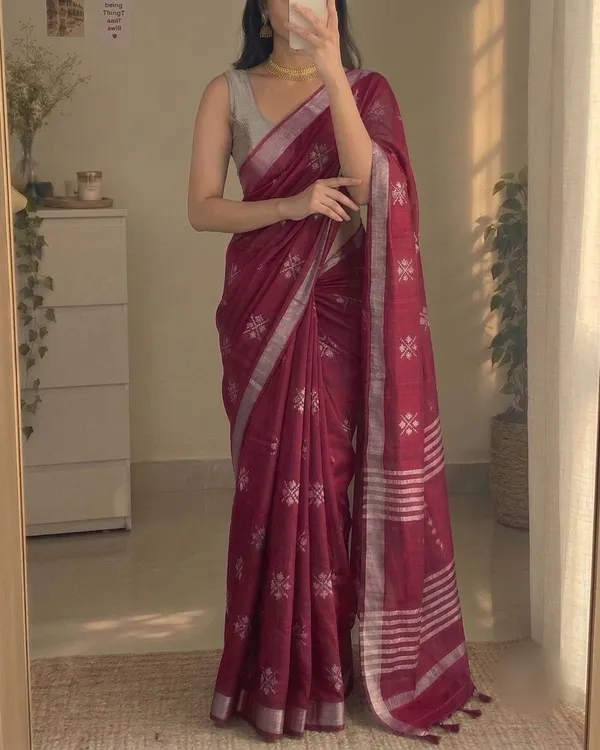 Wine_Magenta_Slub_Silk_Cotton_Saree_with_Silver_Border