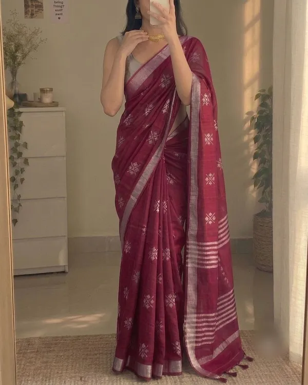 Wine_Magenta_Slub_Silk_Cotton_Saree_with_Silver_Border
