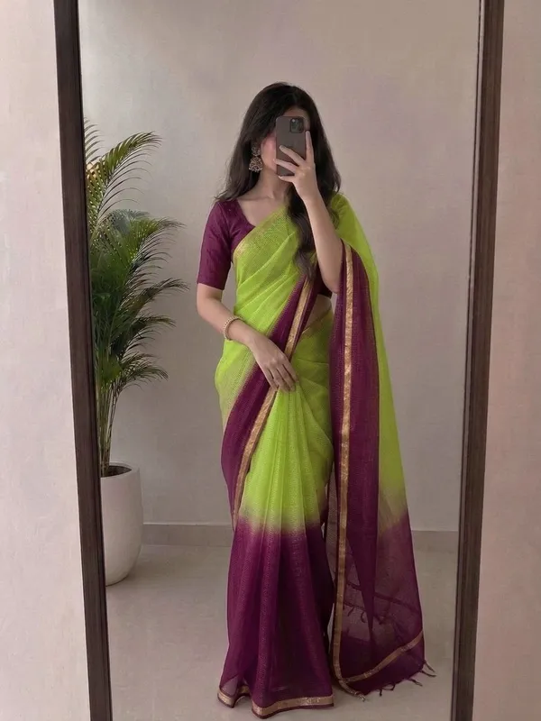 Wine_Purple_&_Green_Kota_Silk_Saree_with_Contrasting_Green_Pallu_&_Golden_Zari_Border_|_Blouse_Piece_Included