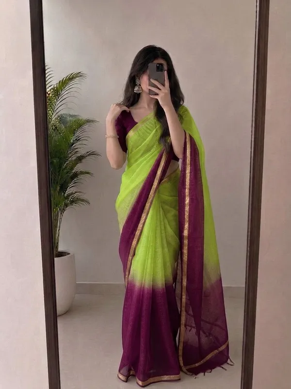 Wine_Purple_&_Green_Kota_Silk_Saree_with_Contrasting_Green_Pallu_&_Golden_Zari_Border_|_Blouse_Piece_Included