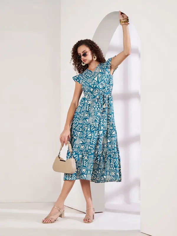 Fbella_Women_Teal_Blue_Geometric_Print_Pure_Cotton_Tiered_A-Line_Dress