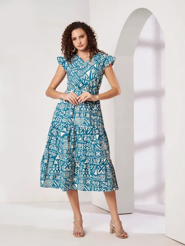 Fbella_Women_Teal_Blue_Geometric_Print_Pure_Cotton_Tiered_A-Line_Dress