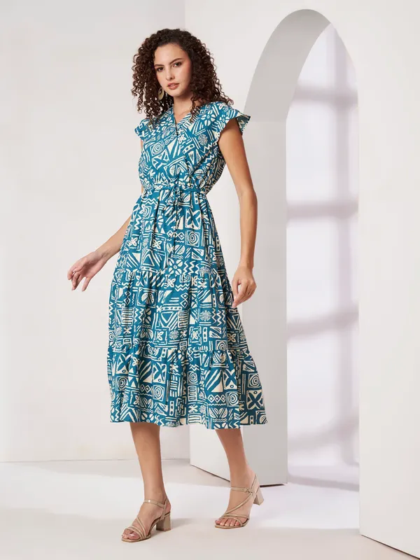Fbella_Women_Teal_Blue_Geometric_Print_Pure_Cotton_Tiered_A-Line_Dress