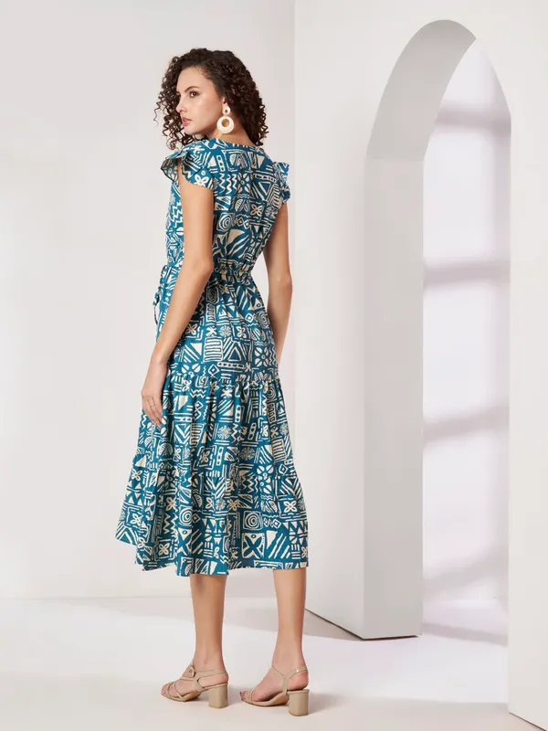 Fbella_Women_Teal_Blue_Geometric_Print_Pure_Cotton_Tiered_A-Line_Dress