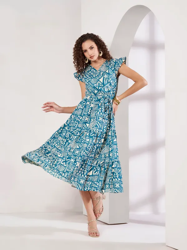 Fbella_Women_Teal_Blue_Geometric_Print_Pure_Cotton_Tiered_A-Line_Dress