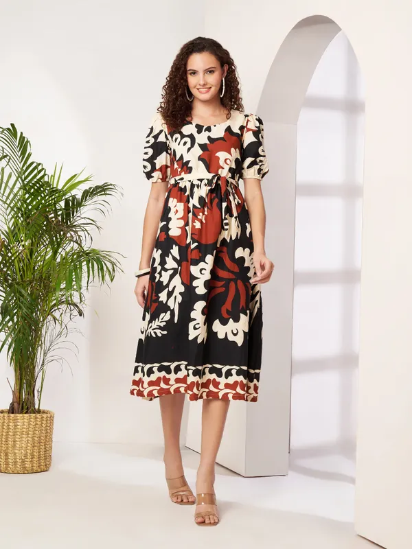 Fbella_Women_Black_&_Rust_Abstract_Floral_Printed_Cotton_Fit_&_Flare_Midi_Dress