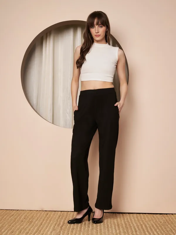 Fbella_Women_Black_Trousers_with_Elastic_Waist,_Straight_Fit,