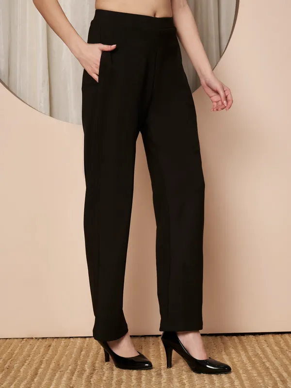 Fbella_Women_Black_Trousers_with_Elastic_Waist,_Straight_Fit,