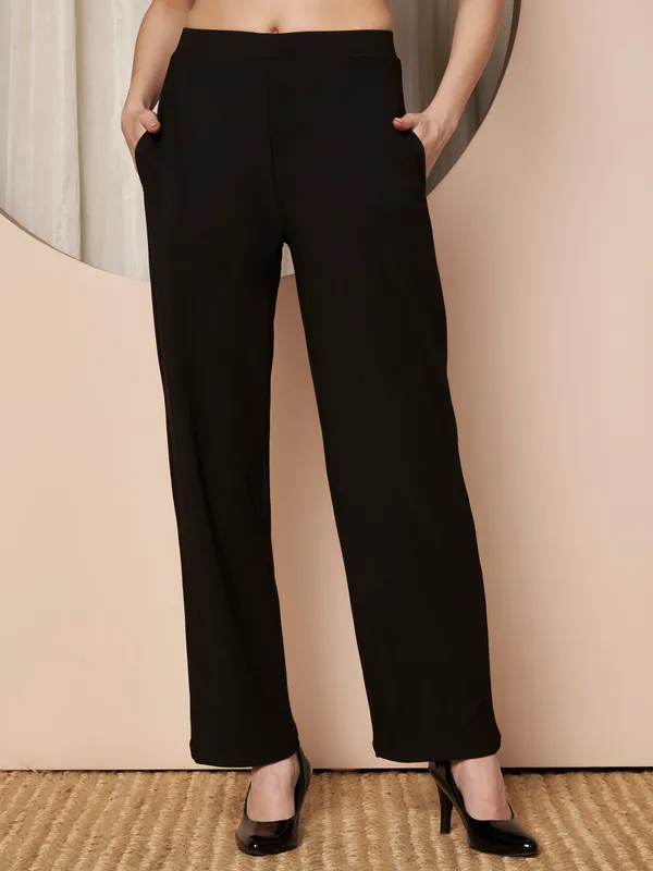 Fbella_Women_Black_Trousers_with_Elastic_Waist,_Straight_Fit,
