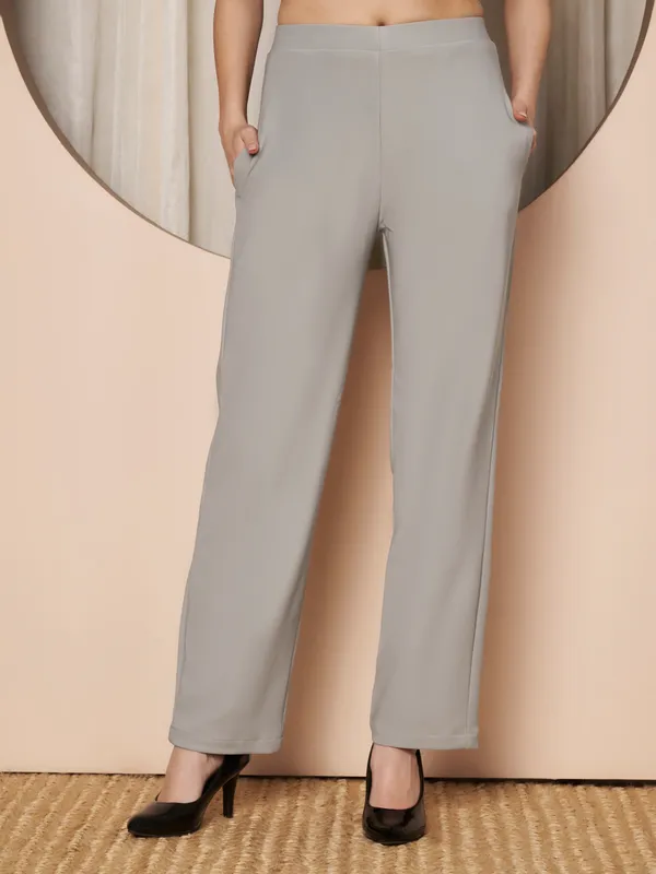 Fbella_Women_Light_Grey_Trousers_with_Elastic_Waist,_Straight_Fit,