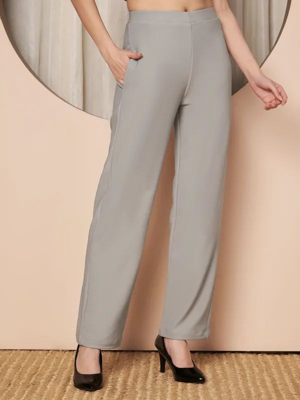 Fbella_Women_Light_Grey_Trousers_with_Elastic_Waist,_Straight_Fit,