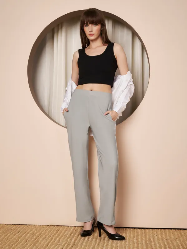 Fbella_Women_Light_Grey_Trousers_with_Elastic_Waist,_Straight_Fit,