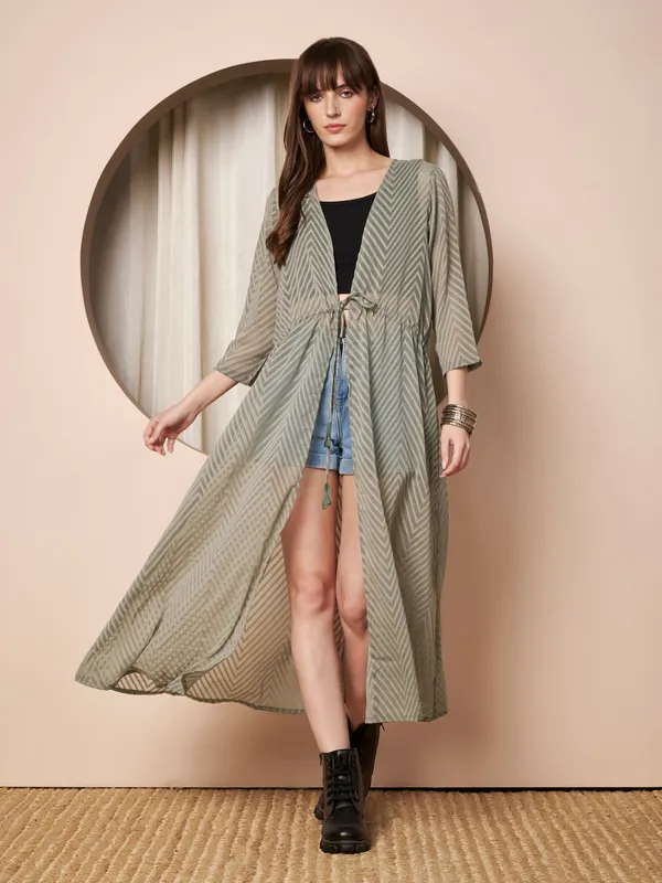 Fbella_Women�s_Olive_Green_Georgette_Longline_Shrug_�_Abstract_Chevron_Texture_with_Waist_Tie-Up