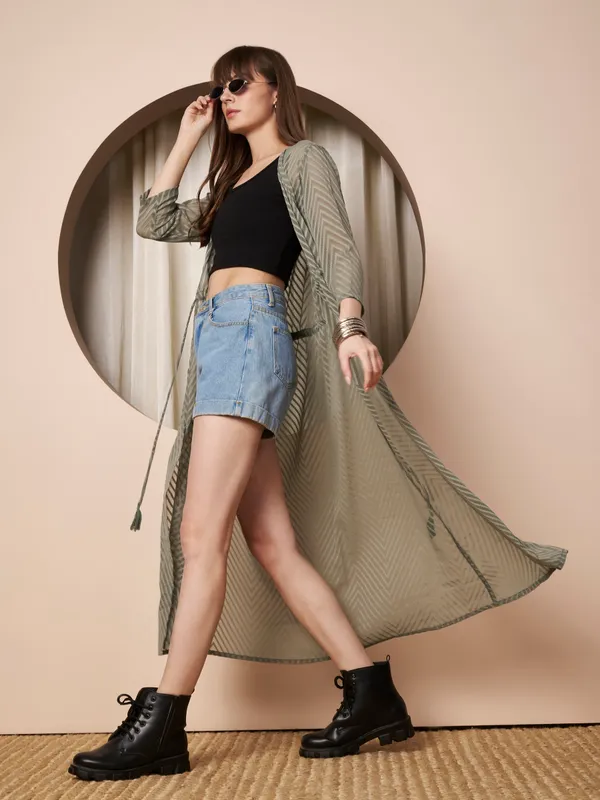 Fbella_Women�s_Olive_Green_Georgette_Longline_Shrug_�_Abstract_Chevron_Texture_with_Waist_Tie-Up